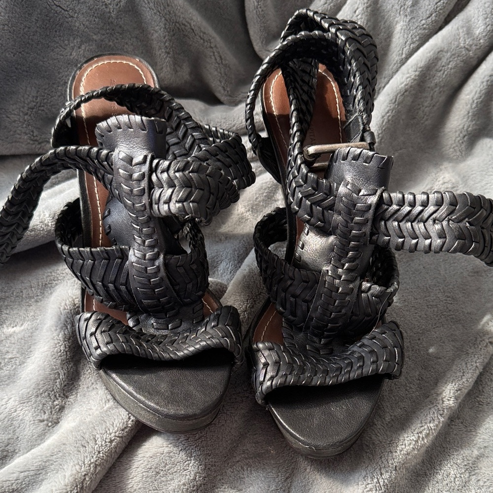 All Saints Black Braided Leather High Heel Sandals